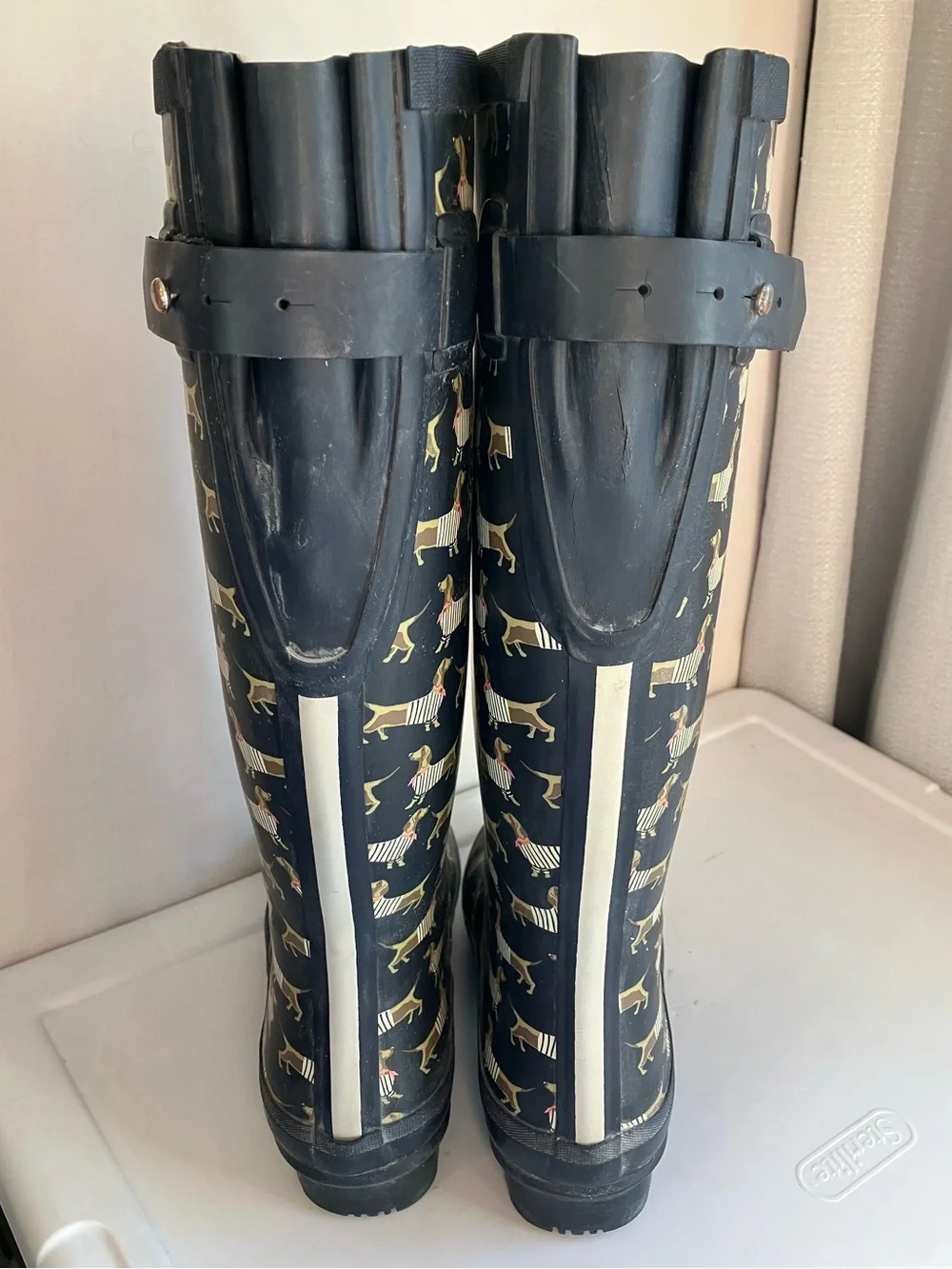 Joules Black tan Dachshund Weiner Dog Print Tall Rain Boots Wellies women’s 7